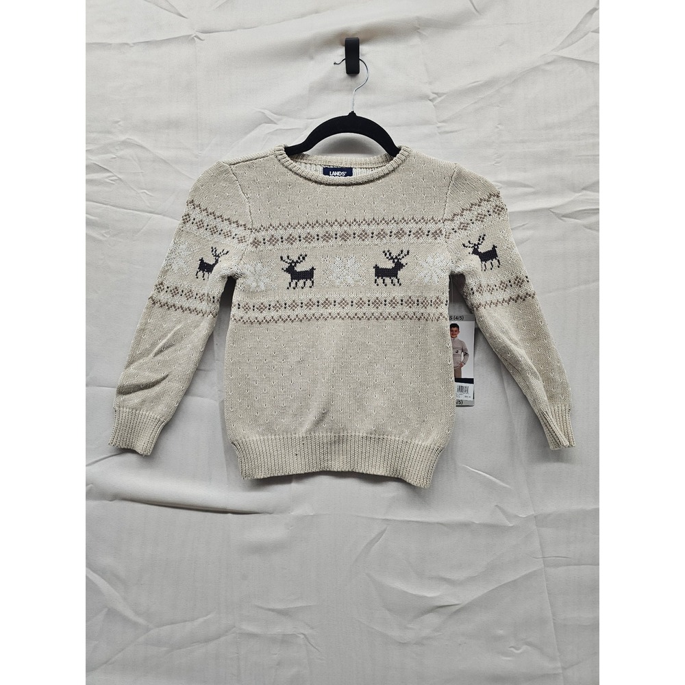 Lands End Boys Holiday Reindeer Sweater Chino Heather XS 4-5‎ NEW